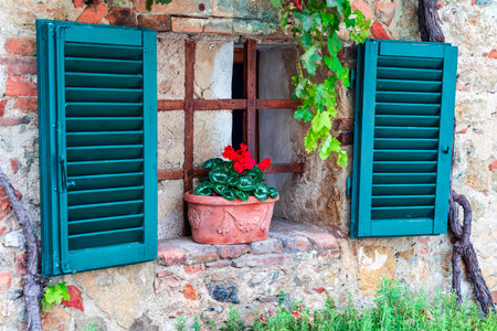 Small fairy tale style window in old stoned house with open green shutters. Clay made flower pot with red flower on stoned windowsill. Monteriggioni, Italian villageの写真素材