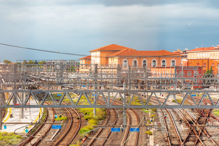 Pisa Centrale train station in Pisa view from the track side, Pisa, Italyの写真素材