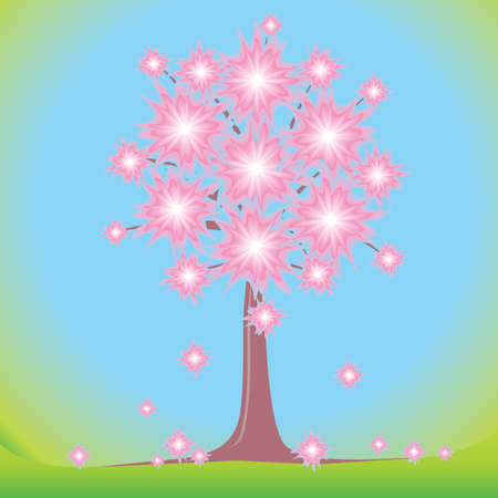 Tree with pink flowers on a blue backgroundのイラスト素材