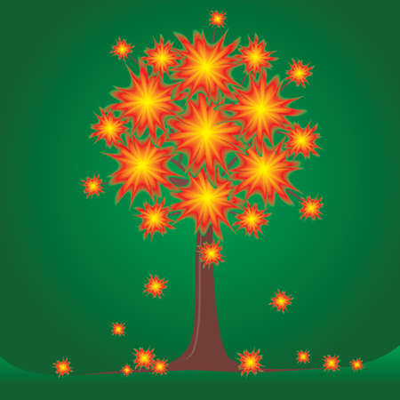 Tree with orange flowers on a green backgroundのイラスト素材