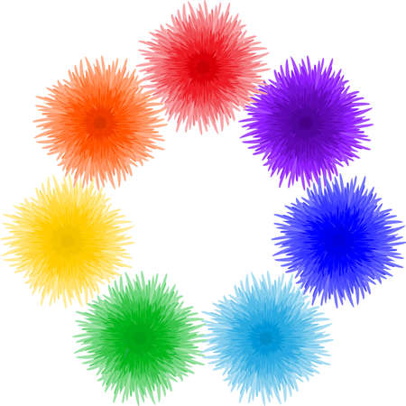 Flowers arranged in a circle on a white background, repeating colors of the rainbow,  illustrationのイラスト素材