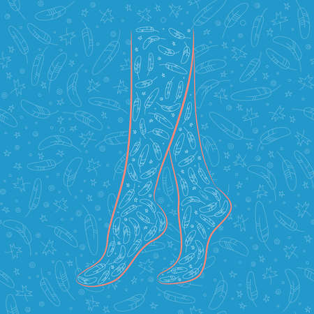 Silhouette of woman legs, surrounded by feathers and stars on a blue background. Vectorのイラスト素材
