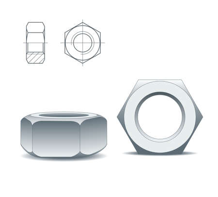 Two metal nuts isolated on a white background and technical drawing, vectorのイラスト素材
