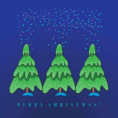 Three Christmas trees in the winter snow on a blue backgroundのイラスト素材
