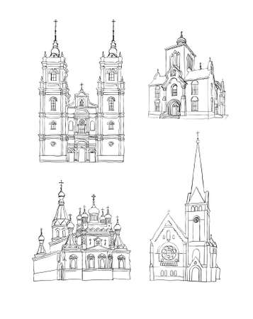 A set of sketches of churches, Hand drawn vector illustrationのイラスト素材