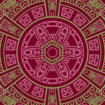 Ethnicity round ornament in red and green colors, mosaic  illustration