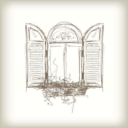 Scribble Vector Window. Drawn Pencil Sketch Style Window with Shuttersのイラスト素材