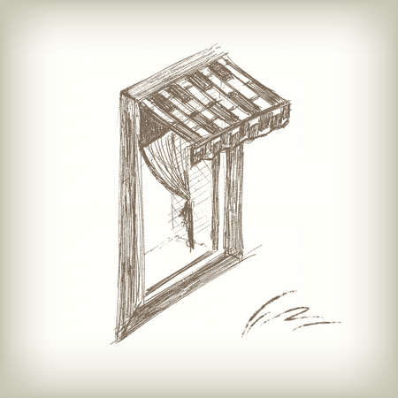 Scribble Vector Window. Drawn Pencil Sketch Style Window with Awningのイラスト素材