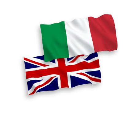 National vector fabric wave flags of Italy and Great Britain isolated on white background.のイラスト素材