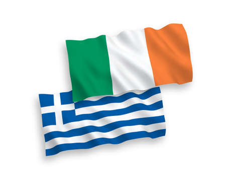 National vector fabric wave flags of Ireland and Greece isolated on white background. 1 to 2 proportion.のイラスト素材