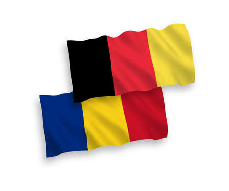 National vector fabric wave flags of Romania and Belgium isolated on white background. 1 to 2 proportion.のイラスト素材