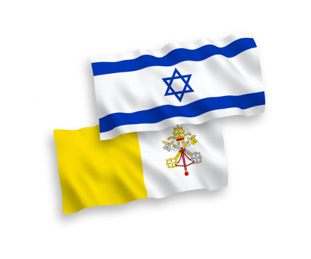 National vector fabric wave flags of Vatican and Israel isolated on white background. 1 to 2 proportion.のイラスト素材
