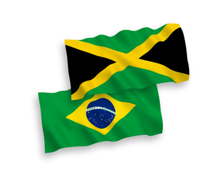 National vector fabric wave flags of Brazil and Jamaica isolated on white background. 1 to 2 proportion.のイラスト素材