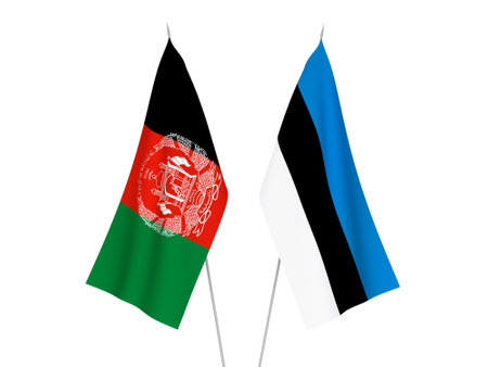 National fabric flags of Islamic Republic of Afghanistan and Estonia isolated on white background. 3d rendering illustration.の写真素材