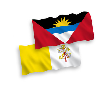 National vector fabric wave flags of Vatican and Antigua and Barbuda isolated on white background. 1 to 2 proportion.のイラスト素材