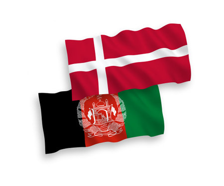 National vector fabric wave flags of Denmark and Islamic Republic of Afghanistan isolated on white background. 1 to 2 proportion.のイラスト素材