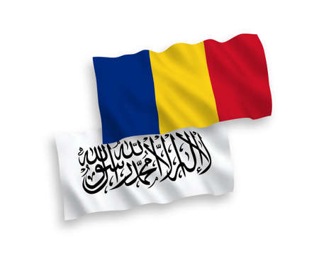 National vector fabric wave flags of Romania and Taliban isolated on white background. 1 to 2 proportion.のイラスト素材