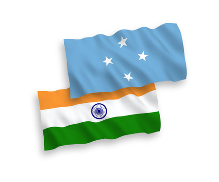 National vector fabric wave flags of India and Federated States of Micronesia isolated on white background. 1 to 2 ratio.のイラスト素材