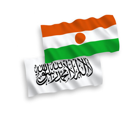 National vector fabric wave flags of Republic of the Niger and Islamic Emirate of Afghanistan isolated on white background. 1 to 2 proportion.のイラスト素材