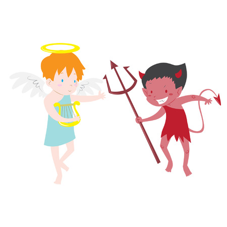 Cute angel and devil boy describing good and bad concept vector illustrationのイラスト素材