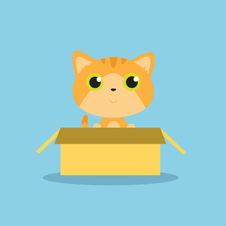 Cute orange kitten in the box isolated vector illustration