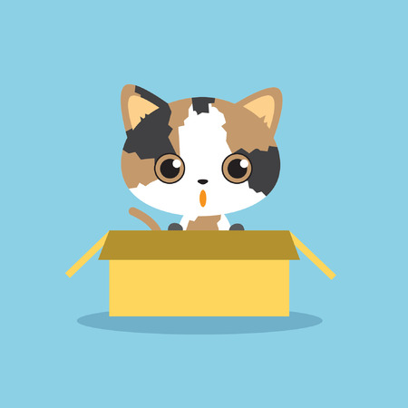 Cute three colored kitten in the box isolated vector illustrationのイラスト素材
