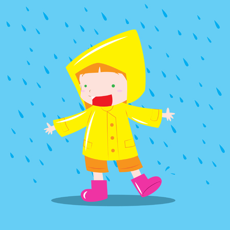 Cute little girl playing in the rain wearing rain coat and boots vector stockのイラスト素材