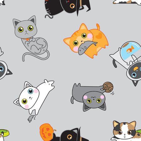 Cute kitten pose seamless pattern background vector stock in grayのイラスト素材
