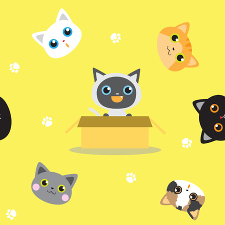 Cute kitten seamless pattern background vector stock in yellowのイラスト素材