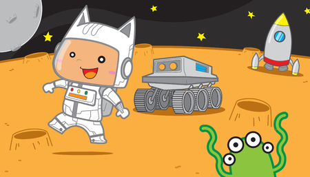 Cute illustration of an astronaut kid walking on a planet with a robot outside the rocket with outer space and alien as background cartoon vectorのイラスト素材