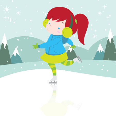 Cute happy girl ice skating with winter background vector stockのイラスト素材