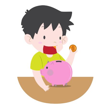 Boy saving money in piggy bank cute vector illustrationのイラスト素材