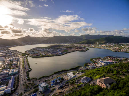 Aerial view of the great salt pond on st.maartenの写真素材