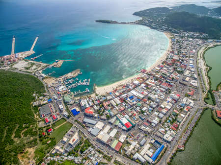 High Aerial view of the capital of St.Maarten, Philipsburg. Dutch Side of Sint Maarten.の写真素材