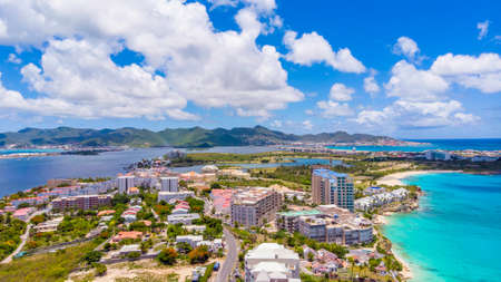 Aerial view of Maho and Simpson bay in the Caribbean island of St.Maartenの写真素材