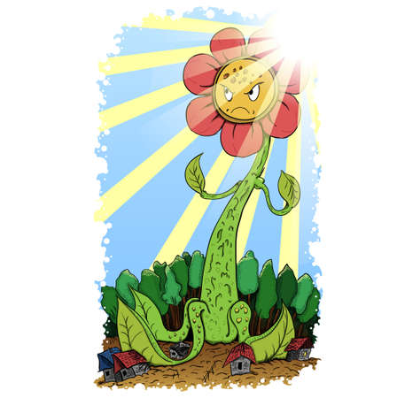 giant monster flower with leaves crashing villageのイラスト素材