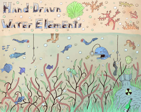 Hand drawn illustration of different water elements and animalsのイラスト素材