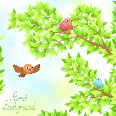 Floral background with tree and birds on the blue skyのイラスト素材