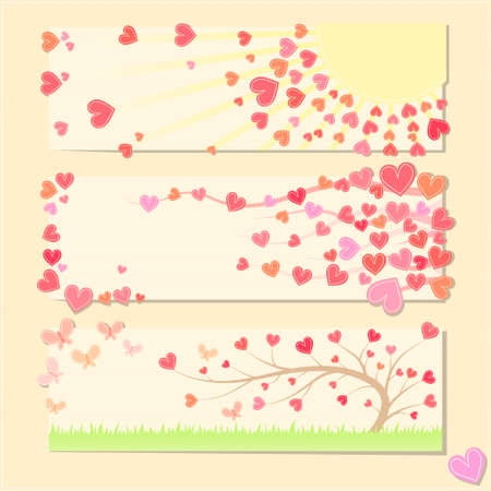 Pretty valentine cards with hearts, butterfly, grass and treeのイラスト素材