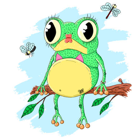 Pretty frog sitting on the branch with leavesのイラスト素材