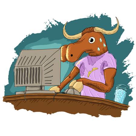 Funny sketch about scared bull watching at the computer monitorのイラスト素材