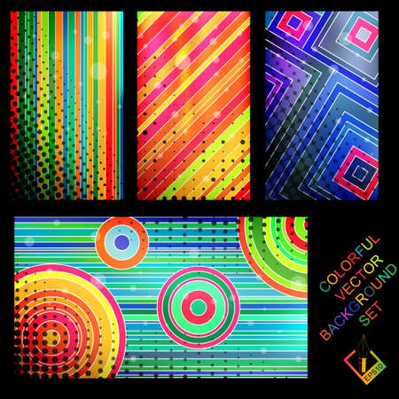 Set of four colorful backgrounds  with strips,squares and circles for your designのイラスト素材
