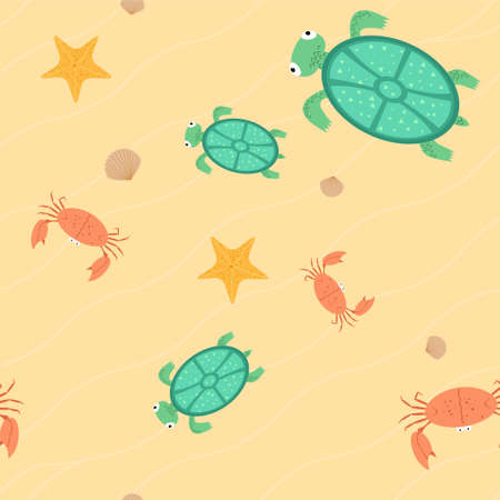 Seamless of beach with turtles, crabs, stars and seashellsのイラスト素材