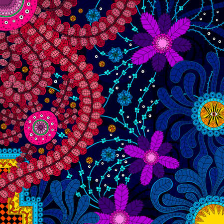 Amazing colorful background with flowers,stems,leaves and shapesのイラスト素材