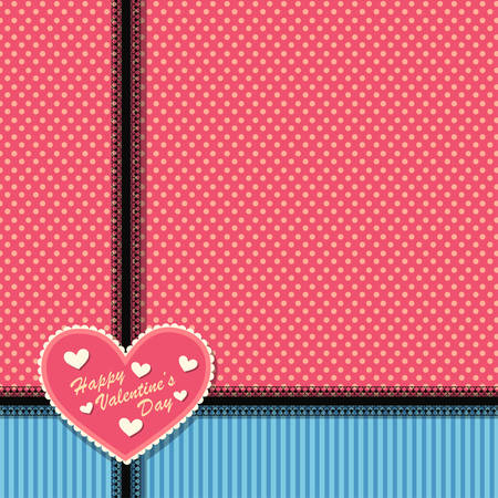 Cute vintage postcard with red heart and black lace ribbons on background with stripes and circlesのイラスト素材