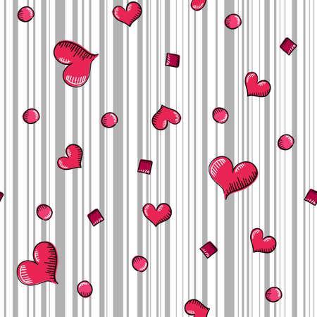 Seamless with hand-drawn hearts and grey stripes on the white backgroundのイラスト素材
