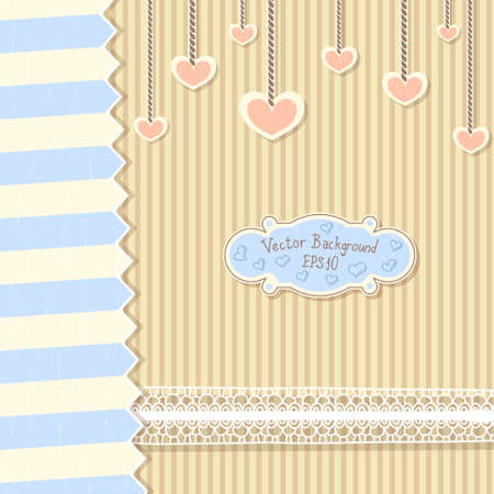 Cute vintage postcard with stripes ,lace and hearts for Valentine's dayのイラスト素材