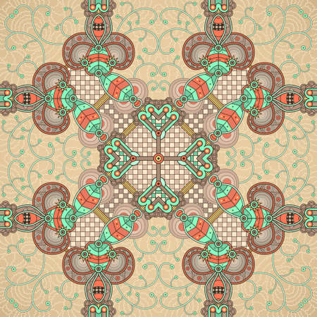 Eastern style seamless texture with leaves, swirly and square abstract  shapesのイラスト素材