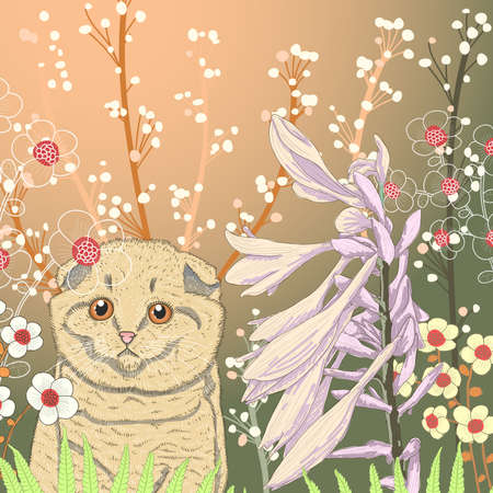 Vector illustration of a kitten in the garden and blooming flowersのイラスト素材