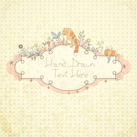 Stylish floral frame with hand drawn retro flowers, plants and funny catのイラスト素材